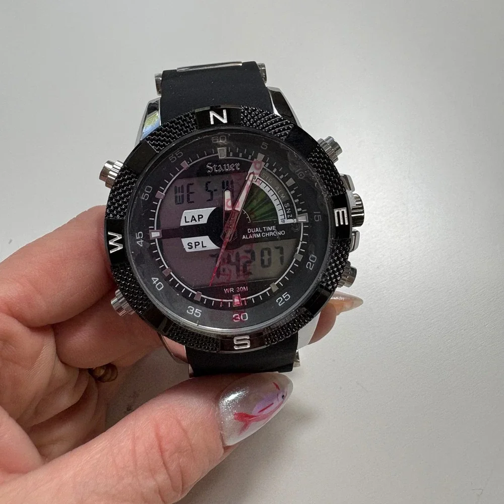 Stauer 30827 Mens Hybrid Analog Digital Watch Black Silicone Strap‎ Dual Time